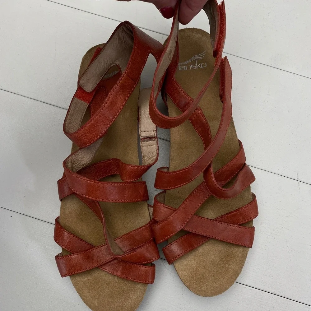 Dansko Strappy Wedge Sandals Womens Size 42 11.5 12 Orange Red Leather Shoes - Picture 11 of 14